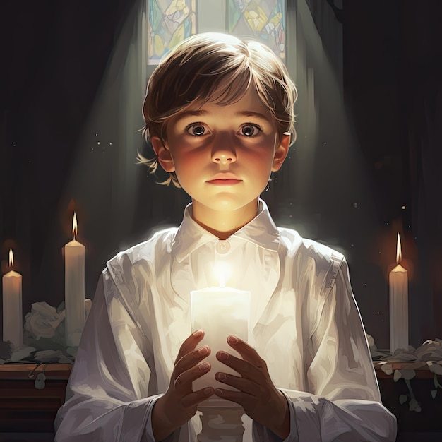 Hermosos conceptos del sacramento de la Primera Comunión blog ilustración editorial niños dentro de una iglesia