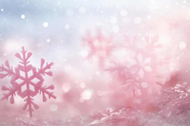 Hermosos copos de nieve decorativos blancos en un fondo bokeh rosa festivo con espacio para copiar