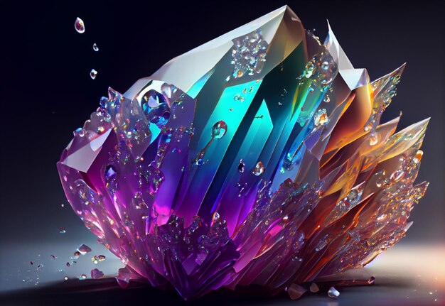 Hermosos cristales coloridos con gotas de agua en un fondo oscuro