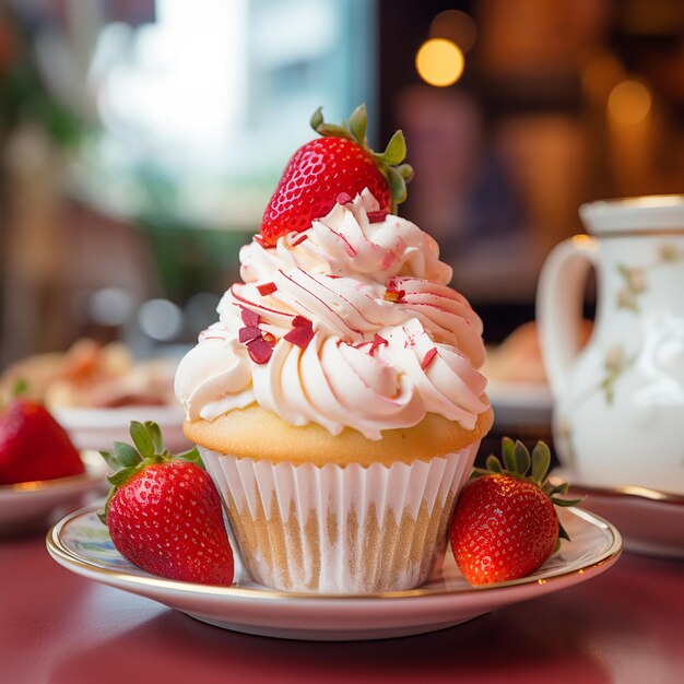 Hermosos cupcakes de limón y vainilla con glaseado de queso crema decorado con arándanos frescos