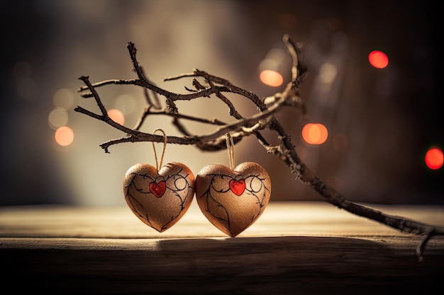 Hermosos y delicados adornos navideños en forma de corazón en la rama de un árbol fondo borroso AI generativa