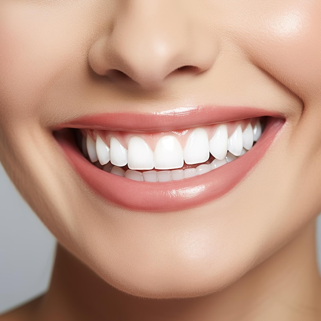 Los hermosos dientes de la mujer con una sonrisa blanca natural.