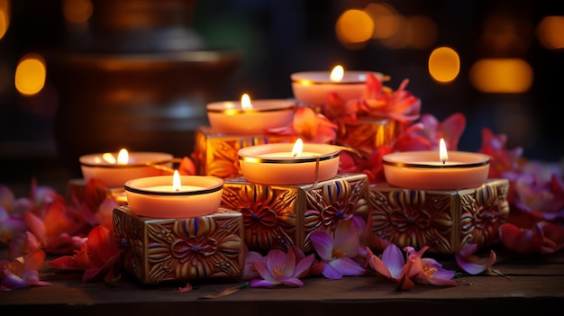 Hermosos diwali diyas con regalos y flores. Feliz