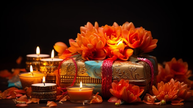 Hermosos diwali diyas con regalos y flores. Feliz