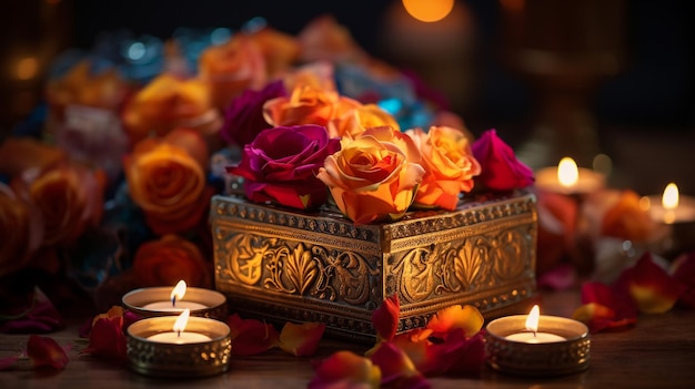 Hermosos diwali diyas con regalos y flores. Feliz