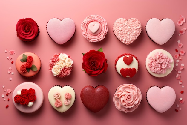 Hermosos dulces para el día de San Valentín en el fondo rosa