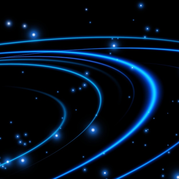Hermosos efectos de luz coloridos de luces de neón y flash Fondo con elementos de diseño volador fondo azul