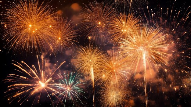 Hermosos espectáculos de fuegos artificiales coloridos en el cielo por la noche para celebrar la fiesta de feliz año nuevo y copiar el espacio