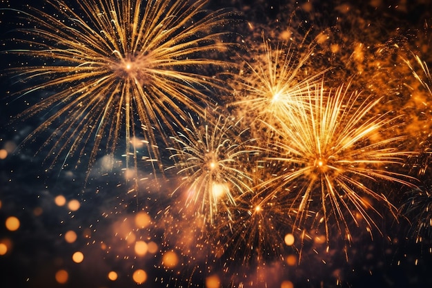 Hermosos espectáculos de fuegos artificiales coloridos en el cielo por la noche para celebrar la fiesta de feliz año nuevo y copiar el espacio