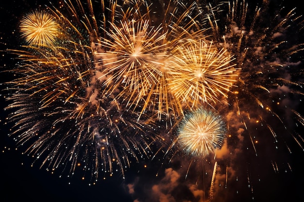 Hermosos espectáculos de fuegos artificiales coloridos en el cielo por la noche para celebrar la fiesta de feliz año nuevo y copiar el espacio