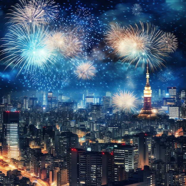 Hermosos espectáculos de fuegos artificiales con el paisaje urbano por la noche para celebrar el feliz año nuevo Exhibición de fuego artificial