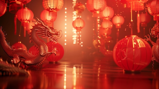 Hermosos fondos abstractos rojos con linternas chinas y dragones chinos