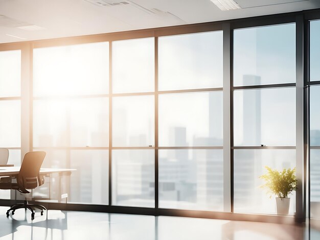 Hermosos fondos borrosos de un moderno interior de oficina corporativa con ventanas panorámicas y