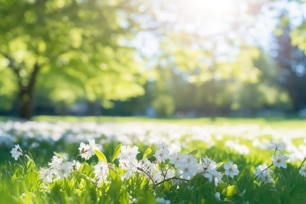 Hermosos fondos borrosos de primavera con árboles de claros en flor y cielo azul en un día soleado