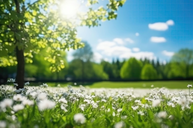 Hermosos fondos borrosos de primavera con árboles de claros en flor y cielo azul en un día soleado