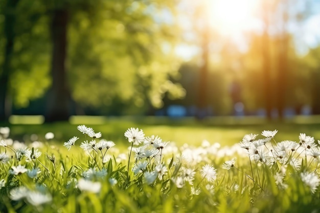 Hermosos fondos borrosos de primavera con árboles de claros en flor y cielo azul en un día soleado