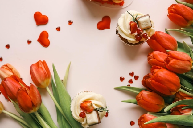 Hermosos fondos festivos con lugar para tulipanes de texto y dulces