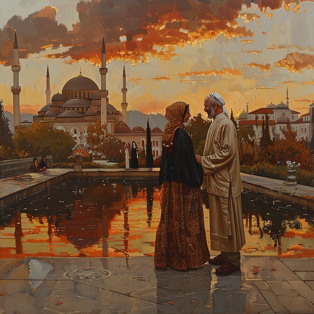 Hermosos fondos islámicos con una vieja pareja y puesta de sol