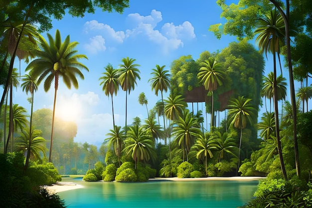 Foto hermosos fondos naturales, bosques y palmeras con el lago.