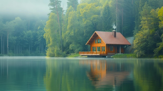 Hermosos fondos naturales con una casa en un lago