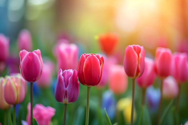 Hermosos fondos de naturaleza de primavera con flores de tulipán enfoque selectivo colores vívidos