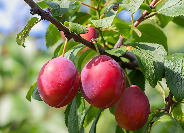 Hermosos frutos de ciruela roja madura en una rama de árbol