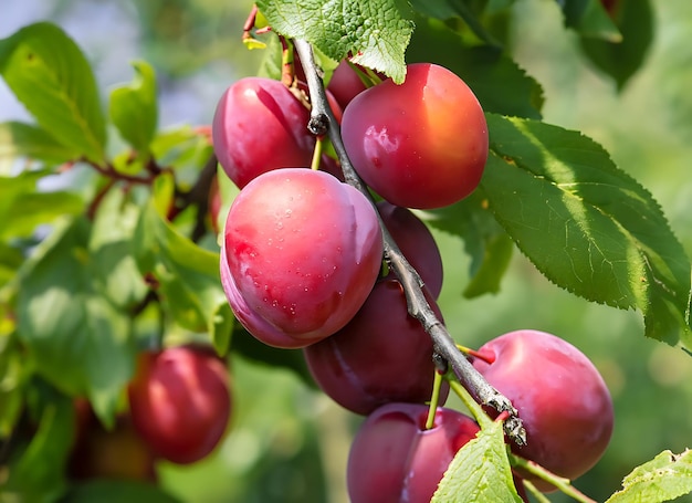 Hermosos frutos de ciruela roja madura en una rama de árbol