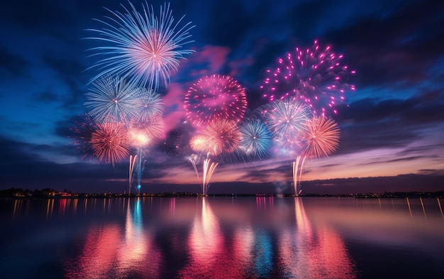 Hermosos fuegos artificiales azules y rosados iluminan el cielo con una deslumbrante exhibición durante el nuevo año