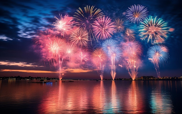 Hermosos fuegos artificiales azules y rosados iluminan el cielo con una deslumbrante exhibición durante el nuevo año