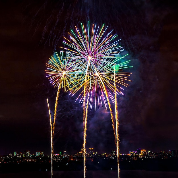 Hermosos fuegos artificiales de colores sobre un fondo de cielo oscuro y luces nocturnas de la ciudad