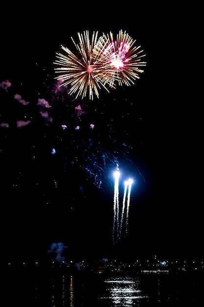 Hermosos fuegos artificiales festivos en el cielo nocturno. Celebracion.