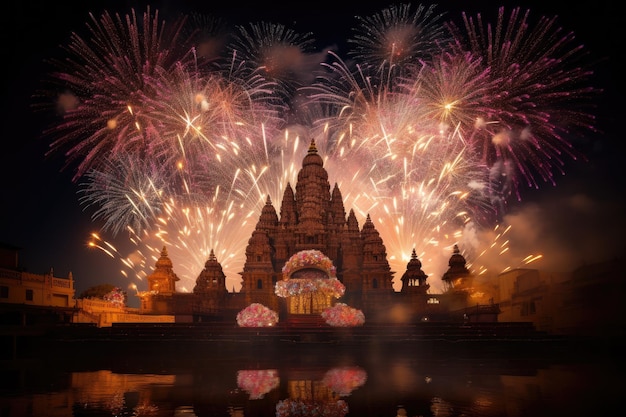 Foto hermosos fuegos artificiales en el templo de prambanan yogyakarta java indonesia fuegos artificiales sobre un templo hindú durante diwali o deepavali generado por ia