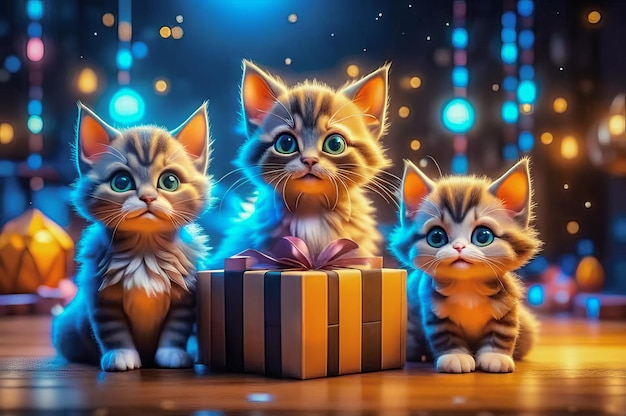 Hermosos gatitos con regalos de Navidad en un interior festivo