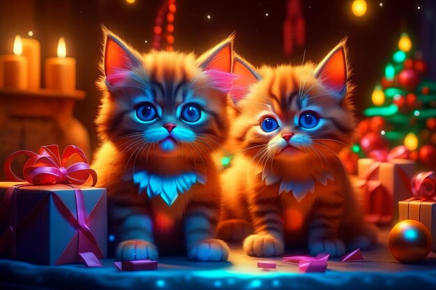 Hermosos gatitos con regalos de Navidad en un interior festivo