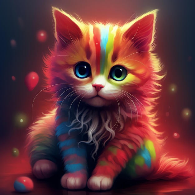 Hermosos gatos de hadas con joyas de pelaje iridescente y hermosos ojos con flores alrededor del arte digital