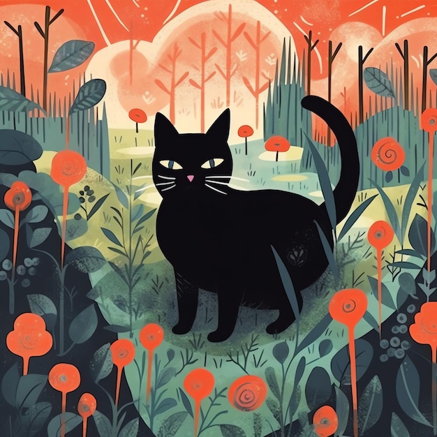 Foto hermosos gatos lindos y flores en una ilustración de círculo