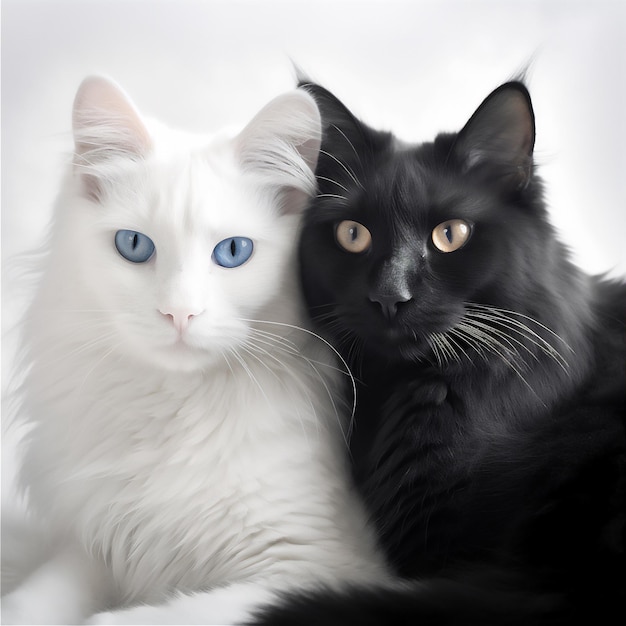 hermosos gatos de pareja blancos y negros aislados blancos