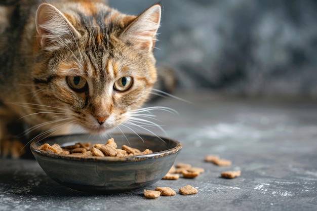 Hermosos gatos peludos sentados junto a un cuenco de comida Animales domésticos lindos IA generativa