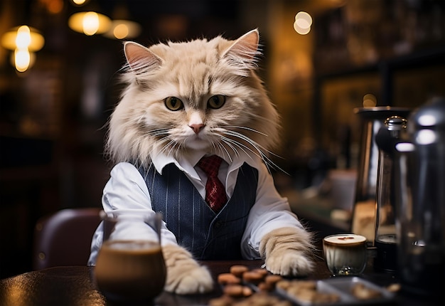 Hermosos gatos persas en un café con café