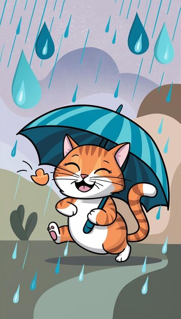 Hermosos gatos tabby animados bajo el paraguas paraguas azules con rayas patrón temporada de lluvia