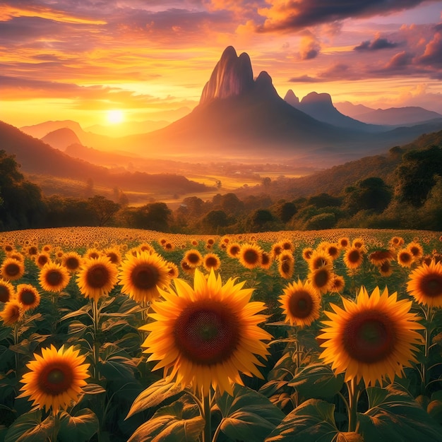 Hermosos girasoles floreciendo al amanecer