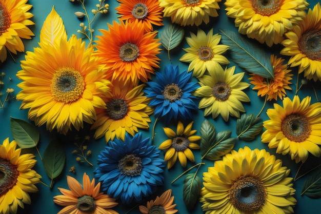 Hermosos girasoles sobre un fondo azul