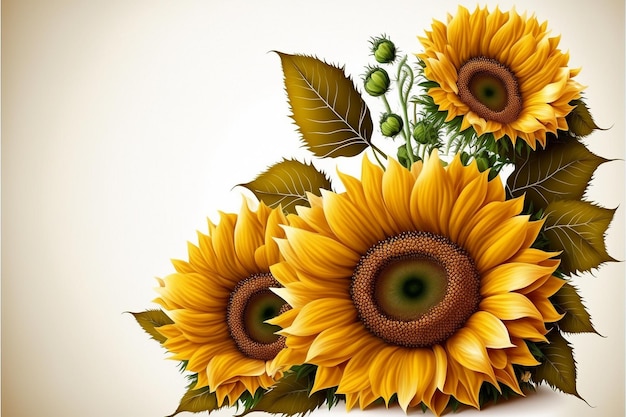 Hermosos girasoles sobre un fondo blanco con espacio de copia para diseños creativos