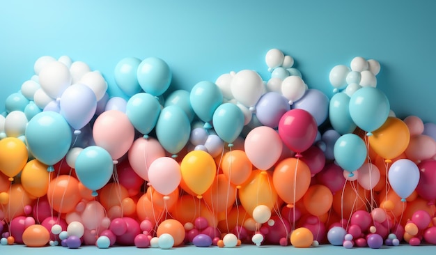 Hermosos globos coloridos en el estudio sobre un fondo azul y con espacio vacío para el texto