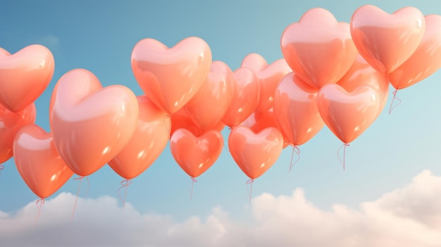 Foto hermosos globos en forma de corazón en el cielo de color melocotón como fondo atmósfera romántica