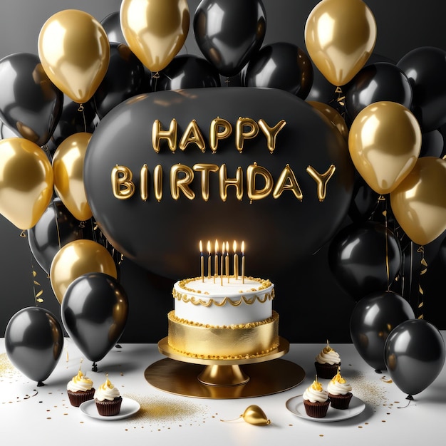 Hermosos globos negros, blancos y dorados volando sobre fondo de cumpleaños con marco dorado y globos