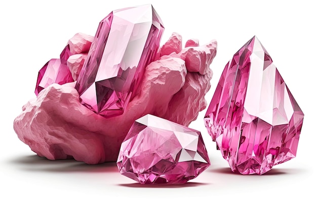 Hermosos grandes cristales de color rosa aislado sobre fondo blanco.