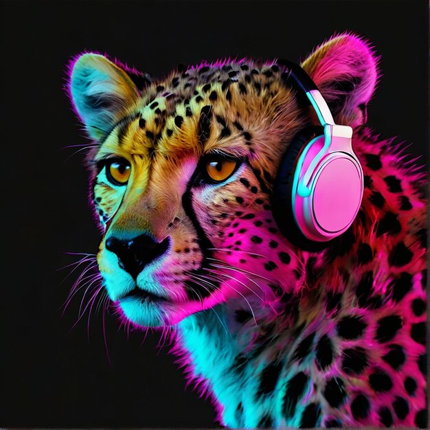 Hermosos guepardos tigre ropa de cabeza auriculares camiseta diseño plantilla de póster imagen colorida ilustración arte generado por Ai