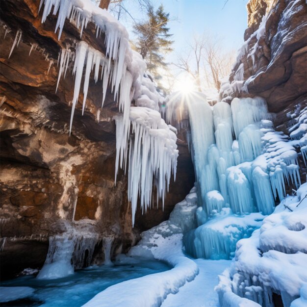 Hermosos hielos largos de una cascada congelada