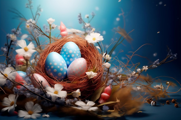 Hermosos huevos de Pascua de color pastel y flores en una canasta con espacio para copiar